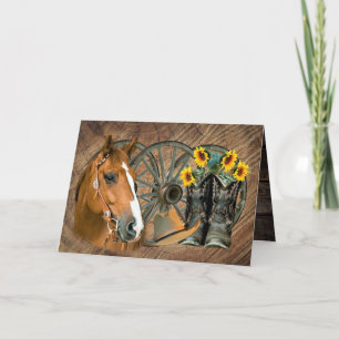 Horse Cowboy Boots Wagon Wheel Sunflowers Western Dankeskarte