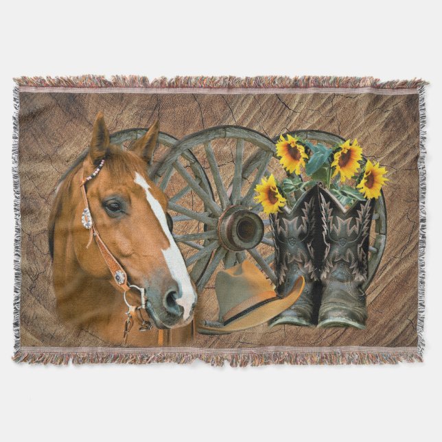 Horse Cowboy Boots Wagon Wheel Sunflowers Western Decke (Vorderseite)