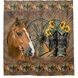 Horse Cowboy Boots Wagon Wheel Sunflowers Western Duschvorhang