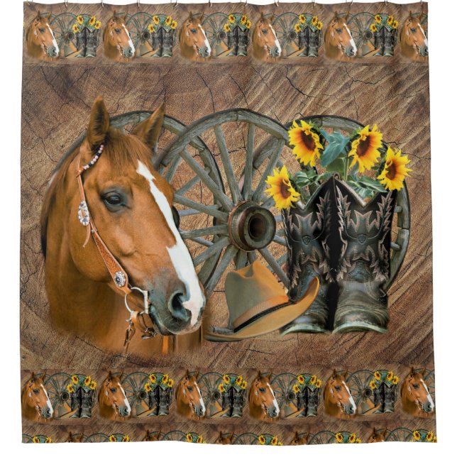 Horse Cowboy Boots Wagon Wheel Sunflowers Western Duschvorhang (Vorderseite)