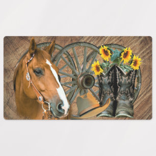 Horse Cowboy Boots Wagon Wheel Sunflowers Western Etiketten