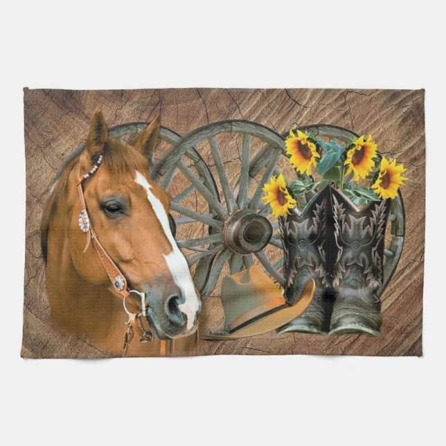 Horse Cowboy Boots Wagon Wheel Sunflowers Western Geschirrtuch (Horizontal)
