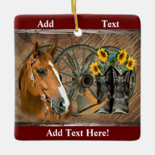 Horse Cowboy Boots Wagon Wheel Sunflowers Western Keramikornament