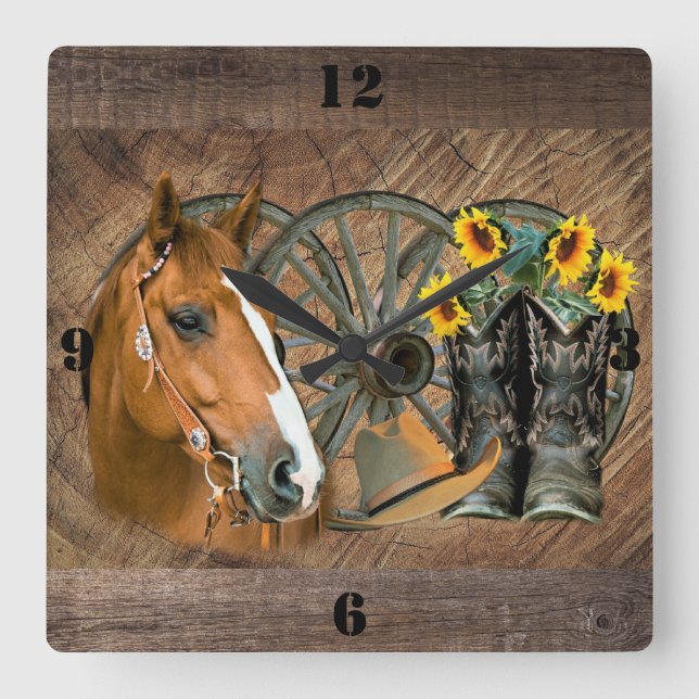 Horse Cowboy Boots Wagon Wheel Sunflowers Western Quadratische Wanduhr (Vorderseite)