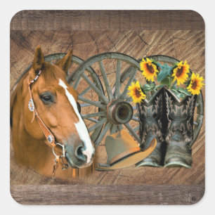 Horse Cowboy Boots Wagon Wheel Sunflowers Western Quadratischer Aufkleber