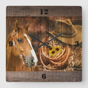 Horse Cowboy Hat Lasso Sunflower Rustic Barn Board Quadratische Wanduhr