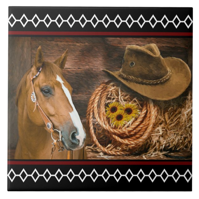 Horse Cowboy Hat Lasso Western Pattern Fliese (Vorderseite)
