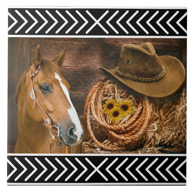 Horse Cowboy Hat Lasso Western Pattern Fliese (Vorderseite)