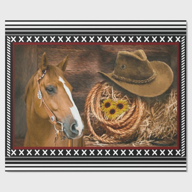 Horse Cowboy Hat Lasso Western Pattern Geschenkpapier (Flach)