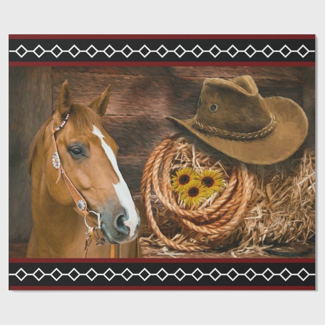Horse Cowboy Hat Lasso Western Pattern Geschenkpapier (Flach)