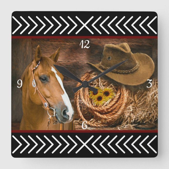 Horse Cowboy Hat Lasso Western Pattern Quadratische Wanduhr (Vorderseite)