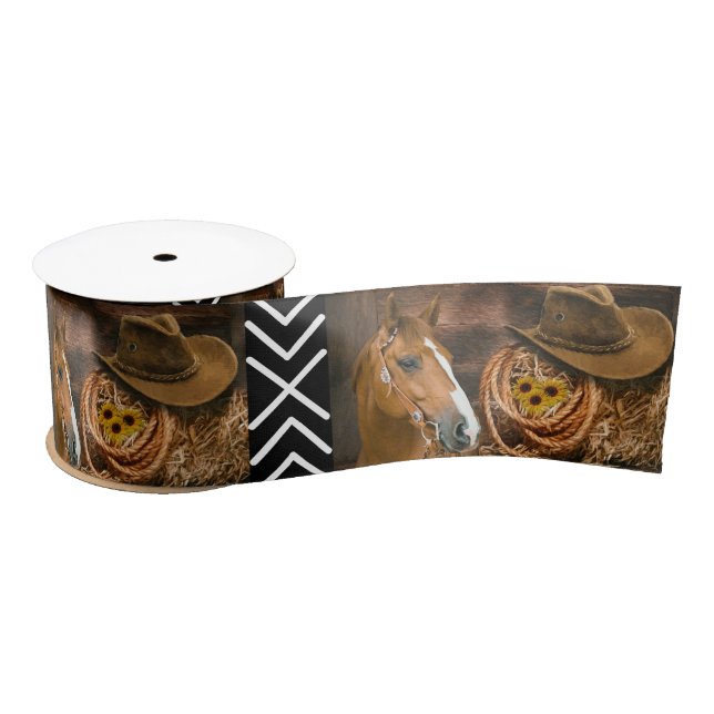 Horse Cowboy Hat Lasso Western Pattern Ribbon Satinband (Spule)