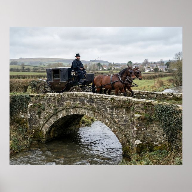 Horse-Drawn Carriage on Stone Bridge Poster (Vorne)