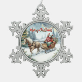 Horse Drawn Sleigh Ride Holiday Scene  Schneeflocken Zinn-Ornament