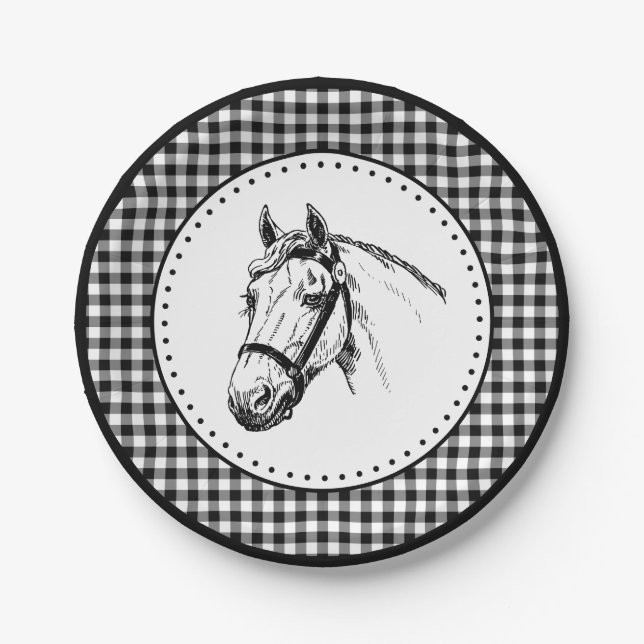 Horse Gingham Pappteller (Vorderseite)