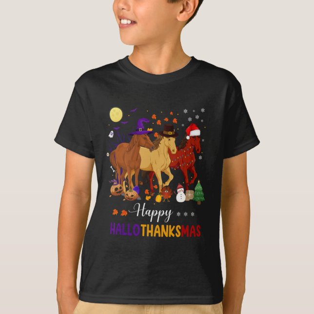 Horse Halloween Thanksgiving Christmas Happy Hallo T-Shirt (Vorderseite)