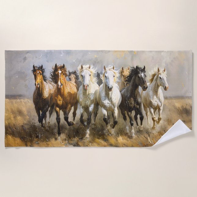 Horse Herd Galloping Mustang Malerei Strandtuch (Vorderseite)