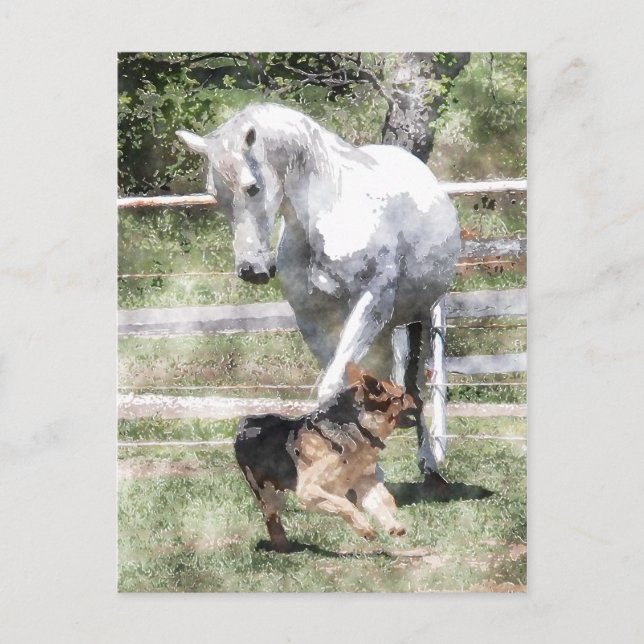 HORSE & HUNDERSPIELWASSERFARBE POSTKARTE