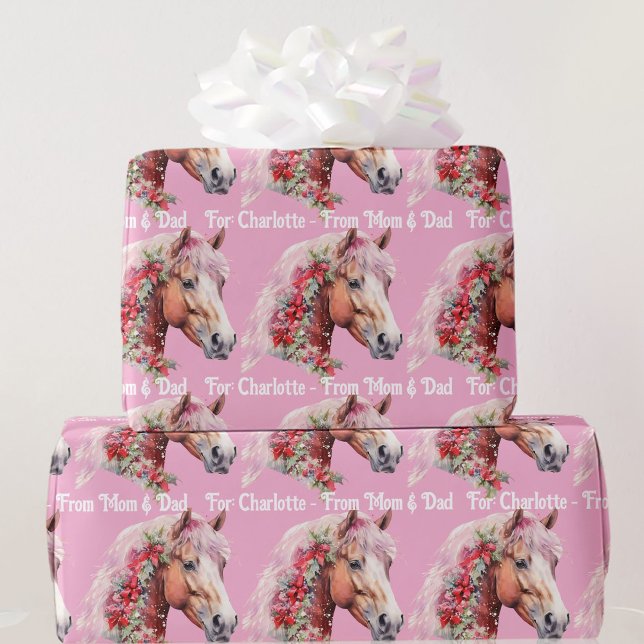 Horse In Christmas Ribbons Add Girl's Name Pink Geschenkpapier (Von Creator hochgeladen)