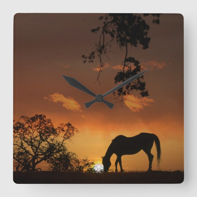 Horse in Southwestern Sunset Clock Quadratische Wanduhr (Vorderseite)