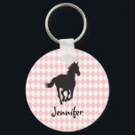 Horse on Diamond Pattern Template Schlüsselanhänger<br><div class="desc">Customize both the name and the color of the diamond pattern behind this running horse.  Perfect for the pony who has it all... but more likely to be used by a girl who loves horses.</div>
