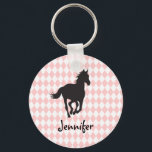 Horse on Diamond Pattern Template Schlüsselanhänger<br><div class="desc">Customize both the name and the color of the diamond pattern behind this running horse.  Perfect for the pony who has it all... but more likely to be used by a girl who loves horses.</div>