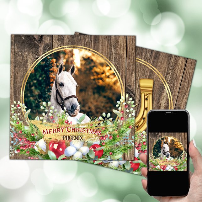 Horse photo wood frame gold Christmas  Feiertagskarte (Horse personalized photo Christmas card with barn wood, Christmas wreath, gold horse shoe.)