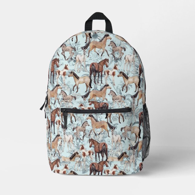 Horse Print Pretty Aqua Floral  Girl's Bedruckter Rucksack (Vorderseite)