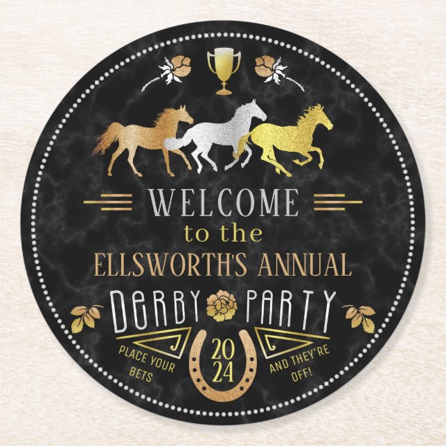 Horse Racing Derby Day Party Art Deco Black Gold Runder Pappuntersetzer (Vorderseite)