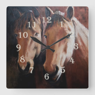 Horse Themed Clock with Two Horses Quadratische Wanduhr