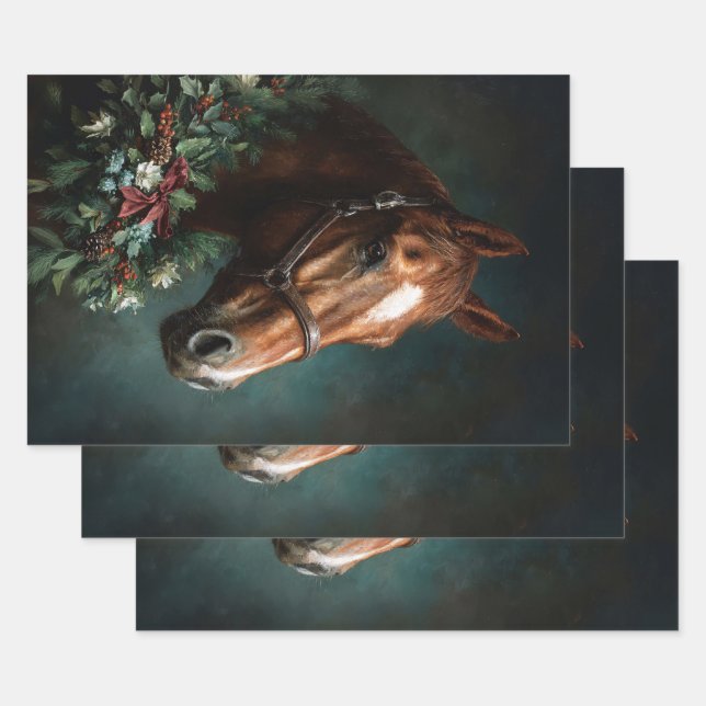 Horse with Holiday Wreath and Red Ribbon Geschenkpapier Set (Set)