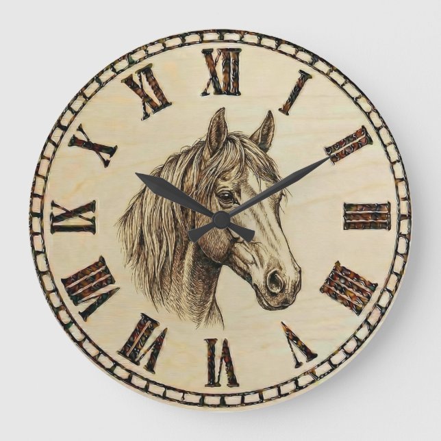Horse Wooden Wall Clock Große Wanduhr (Vorderseite)
