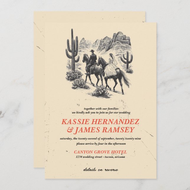 Horseback Canyon Couple mit QR Code Wedding Einladung (Vorne/Hinten)