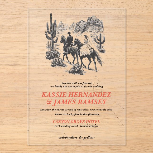 Horseback Canyon Couple Wedding Acryleinladungen (Vorderseite)