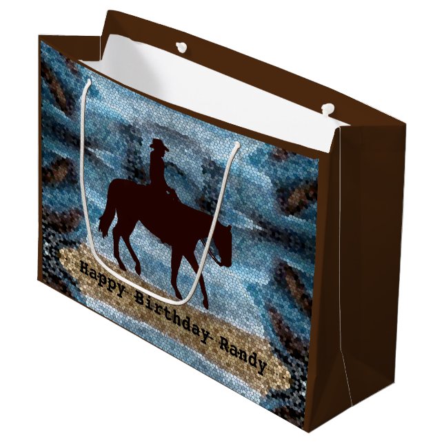 Horseback Cowboy Birthday Blue Große Geschenktüte (Vorderseite Schrägansicht)