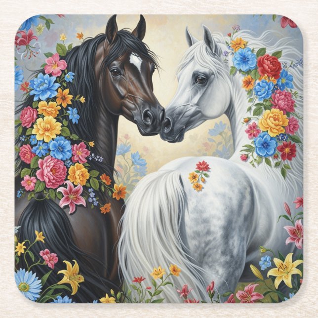  Horses framed in flowers Coaster Rechteckiger Pappuntersetzer (Vorderseite)