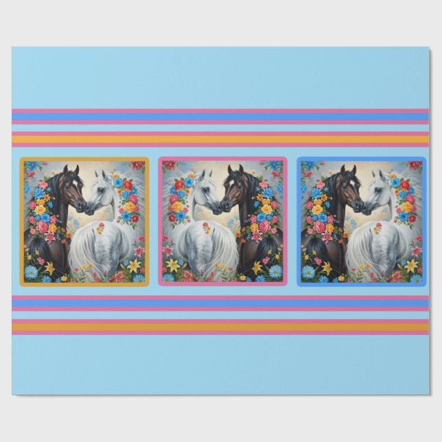 Horses Framed in flowers Wrapping Paper Geschenkpapier (Flach)