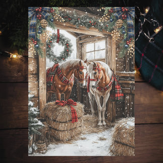 Horses Plaid Country Christmas Winter Barn Scene Feiertagskarte