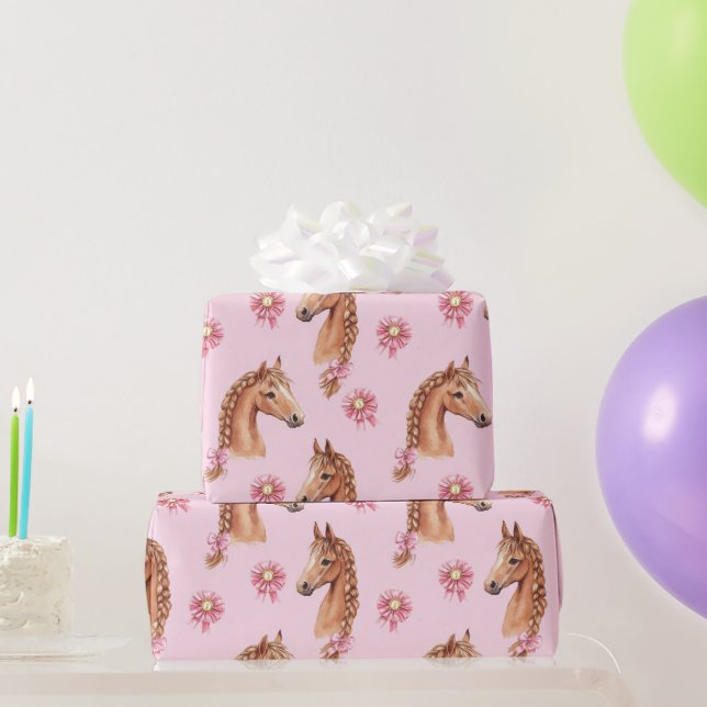 Horses Pretty Pink Roses Floral Ribbons Birthday Geschenkpapier (Partygeschenke)