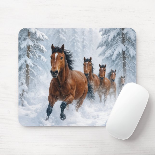Horses Running Through a Snowy Forest Mousepad (Mit Mouse)