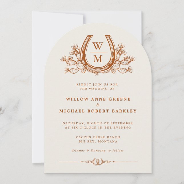 Horseshoe Cactus Western Country Boho Wedding Einladung (Vorderseite)