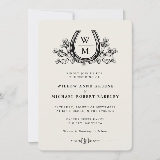 Horseshoe Cactus Western Country Boho Wedding Einladung (Vorderseite)