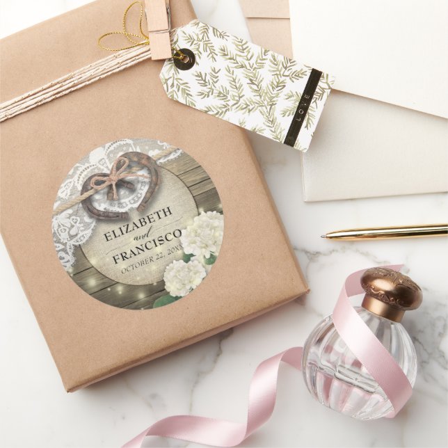 Horseshoe Heart Lace Hydrangea Polterabend Runder Aufkleber (Schenken)