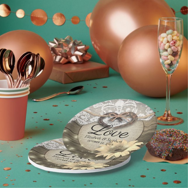 Horseshoe Heart Lace Sunflower Wood Polterabend Pappteller (Multi)