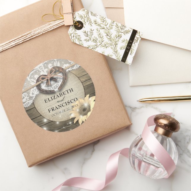 Horseshoe Heart Lace Sunflower Wood Polterabend Runder Aufkleber (Schenken)