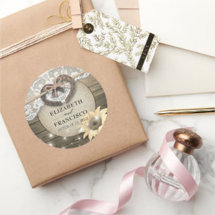 Horseshoe Heart Lace Sunflower Wood Polterabend Runder Aufkleber