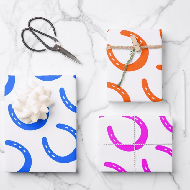 Horseshoe Patterns Blue Orange Pink Horse Barn Fun Geschenkpapier Set (Vorderseite)