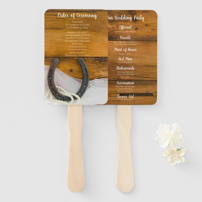 Horseshoe Pearls Country Western Hochzeitsprogramm Fächer (Vorne und Hinten)