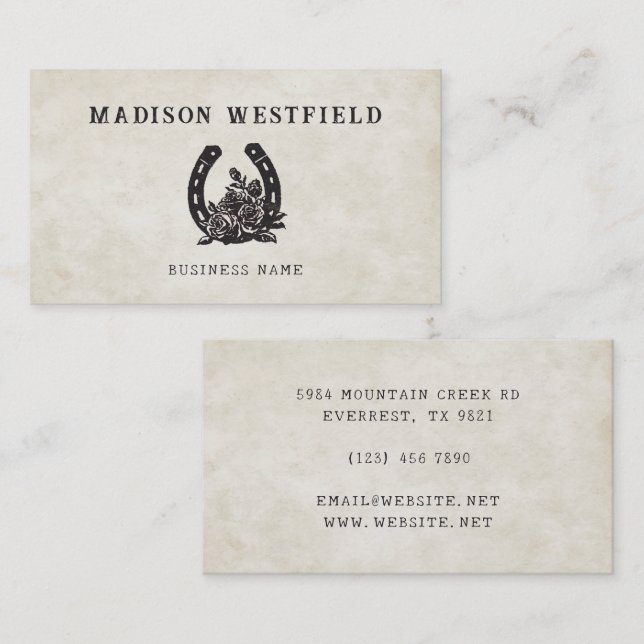 Horseshoe Rose Equestrian Farm Ranch Horse Visitenkarte (Vorne/Hinten)