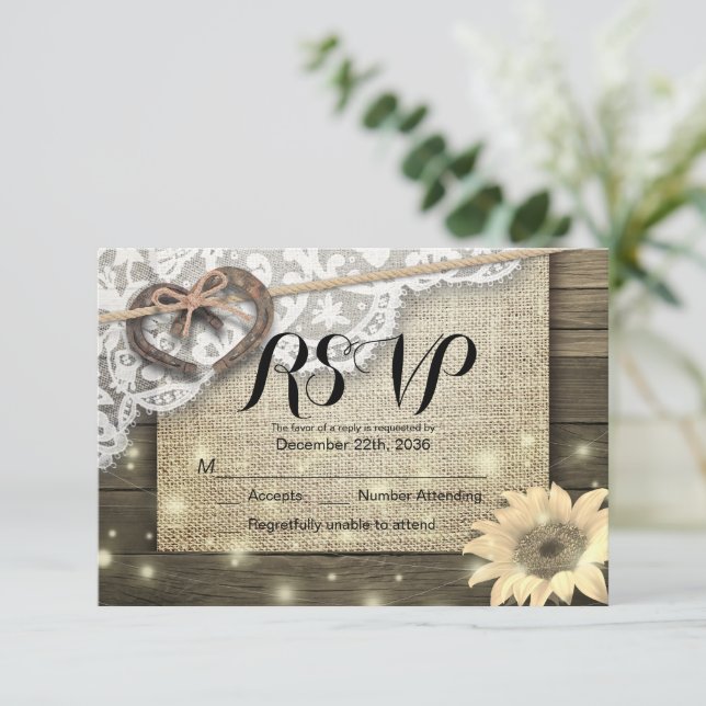 Horseshoe Sunflower Wood Wedding RSVP Kindly Antwo (Stehend Vorderseite)